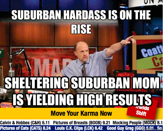 Suburban Hardass is on the rise
 Sheltering suburban mom is yielding high results  Mad Karma with Jim Cramer