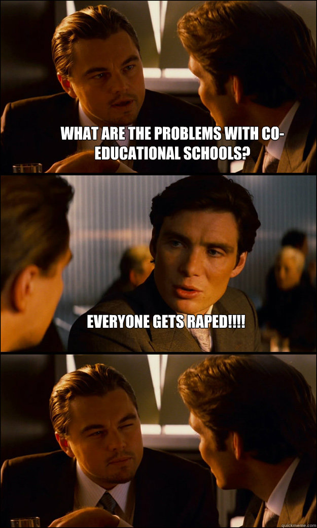 what are the problems with co-educational schools? everyone gets raped!!!!  Inception