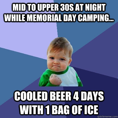 Mid to upper 30s at night while Memorial Day camping... cooled beer 4 days with 1 bag of ice  Success Kid