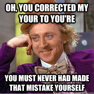 Oh, you corrected my your to you're you must never had made that mistake yourself  Condescending Wonka