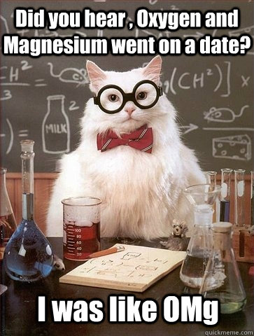 Did you hear , Oxygen and Magnesium went on a date? I was like OMg  Chemistry Cat