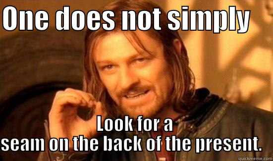 ONE DOES NOT SIMPLY     LOOK FOR A SEAM ON THE BACK OF THE PRESENT.   Boromir