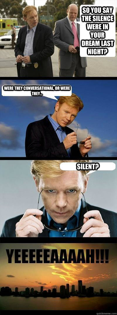 So you say the silence were in your dream last night? Were they conversational, or were they... Silent?  Horatio Caine