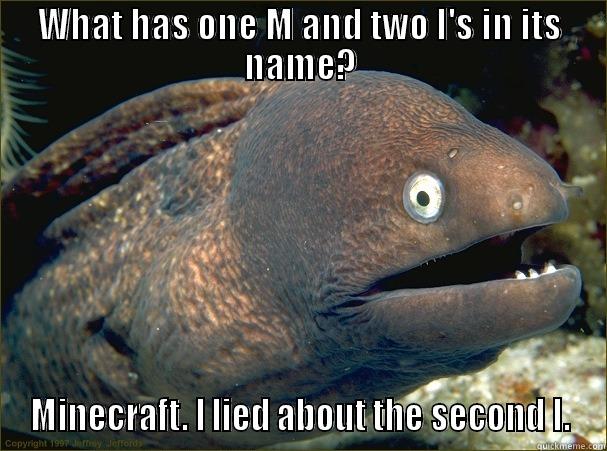 WHAT HAS ONE M AND TWO I'S IN ITS NAME? MINECRAFT. I LIED ABOUT THE SECOND I. Bad Joke Eel