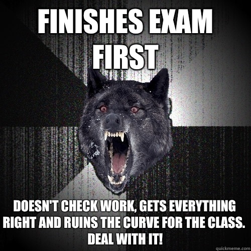 Finishes exam first doesn't check work, gets everything right and ruins the curve for the class. Deal with it!  Insanity Wolf