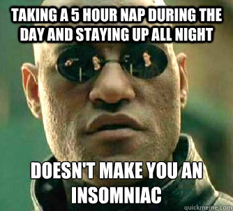 Taking a 5 hour nap during the day and staying up all night  doesn't make you an insomniac - Taking a 5 hour nap during the day and staying up all night  doesn't make you an insomniac  Morpeus matrix