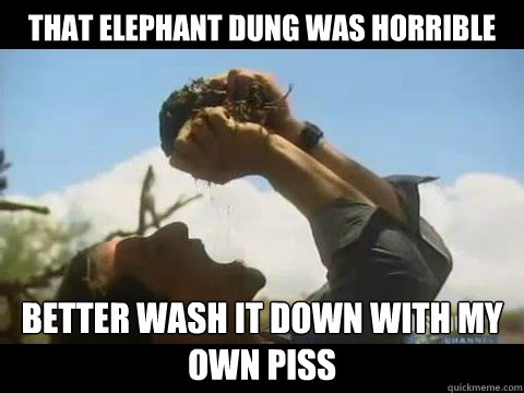 That elephant dung was horrible


 Better wash it﻿ down with my own piss - That elephant dung was horrible


 Better wash it﻿ down with my own piss  Bear Grylls