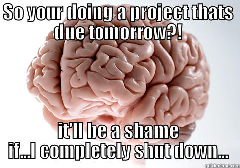 SO YOUR DOING A PROJECT THATS DUE TOMORROW?! IT'LL BE A SHAME IF...I COMPLETELY SHUT DOWN... Scumbag Brain