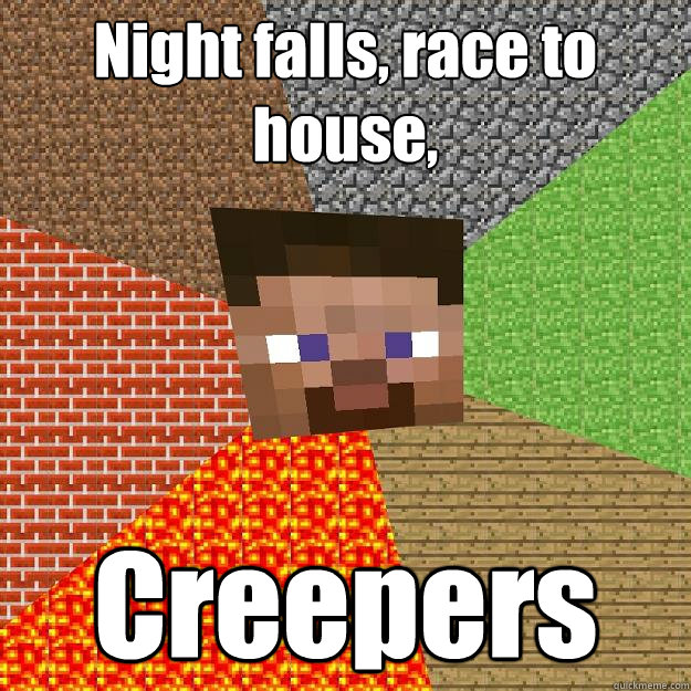 Night falls, race to house, Creepers  Minecraft