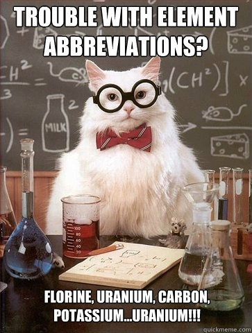 trouble with element abbreviations? Florine, uranium, carbon, potassium...uranium!!! - trouble with element abbreviations? Florine, uranium, carbon, potassium...uranium!!!  Chemistry Cat