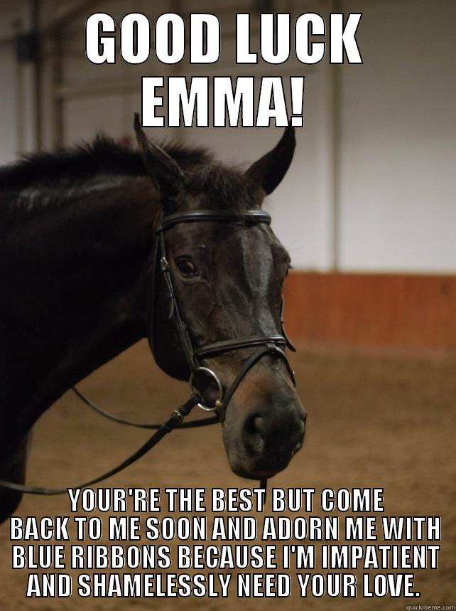 GOOD LUCK EMMA! YOUR'RE THE BEST BUT COME BACK TO ME SOON AND ADORN ME WITH BLUE RIBBONS BECAUSE I'M IMPATIENT AND SHAMELESSLY NEED YOUR LOVE.  Misc