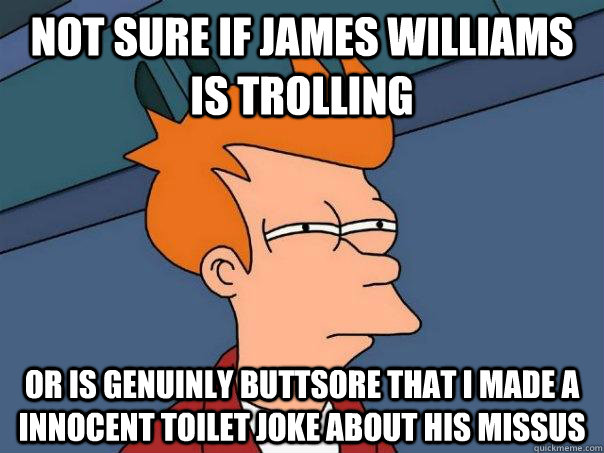 Not sure if James Williams is trolling or is genuinly buttsore that i made a innocent toilet joke about his missus  Futurama Fry