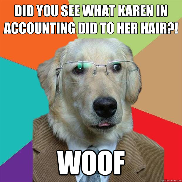 did you see what Karen in accounting did to her hair?! woof  Business Dog