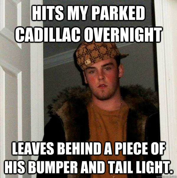 Hits my parked cadillac overnight leaves behind a piece of his bumper and tail light.  Scumbag Steve