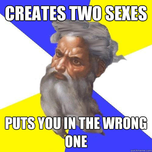 Creates two sexes Puts you in the wrong one - Creates two sexes Puts you in the wrong one  Advice God