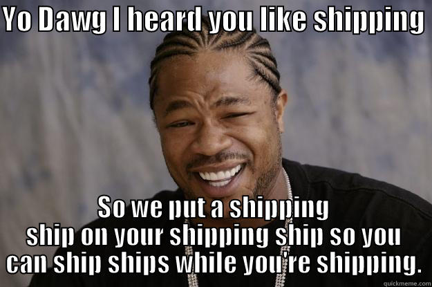Ship your ships - YO DAWG I HEARD YOU LIKE SHIPPING  SO WE PUT A SHIPPING SHIP ON YOUR SHIPPING SHIP SO YOU CAN SHIP SHIPS WHILE YOU'RE SHIPPING. Xzibit meme