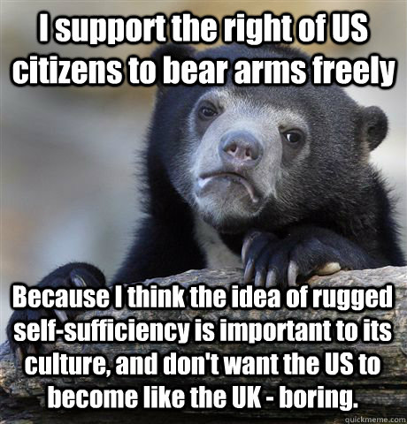 I support the right of US citizens to bear arms freely Because I think the idea of rugged self-sufficiency is important to its culture, and don't want the US to become like the UK - boring.  Confession Bear