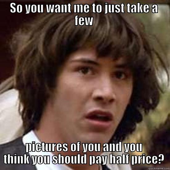 SO YOU WANT ME TO JUST TAKE A FEW PICTURES OF YOU AND YOU THINK YOU SHOULD PAY HALF PRICE? conspiracy keanu