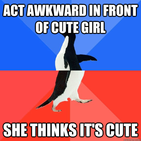 act awkward in front of cute girl she thinks it's cute  Socially Awkward Awesome Penguin