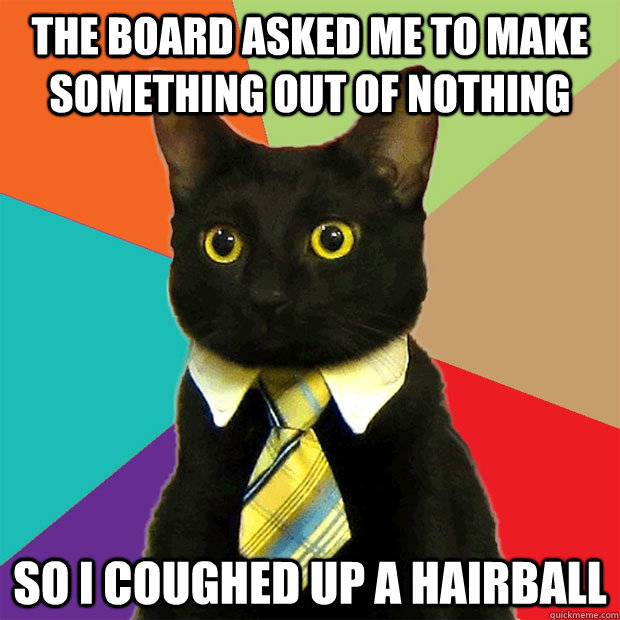 The board asked me to make something out of nothing So I coughed up a hairball   Business Cat