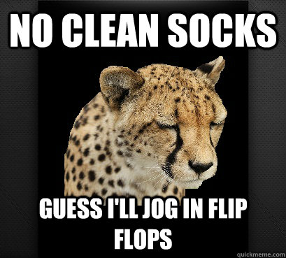 no clean socks guess i'll jog in flip flops  Defeated Cheetah