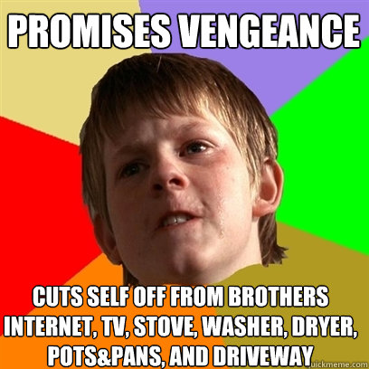 Promises vengeance Cuts self off from brothers internet, TV, stove, washer, dryer, pots&pans, and driveway  Angry School Boy