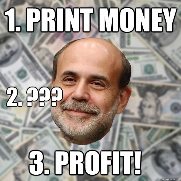 1. print money 3. Profit! 2. ???  Ben Bernanke