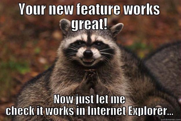 YOUR NEW FEATURE WORKS GREAT! NOW JUST LET ME CHECK IT WORKS IN INTERNET EXPLORER... Evil Plotting Raccoon