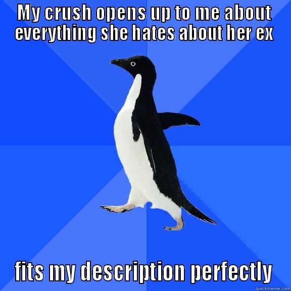 So I got this going for me - MY CRUSH OPENS UP TO ME ABOUT EVERYTHING SHE HATES ABOUT HER EX FITS MY DESCRIPTION PERFECTLY Socially Awkward Penguin