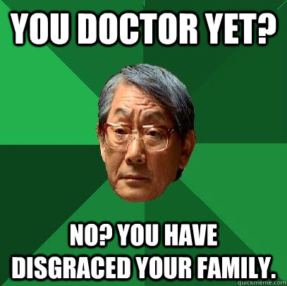 you doctor yet? NO? you have disgraced your family.  High Expectations Asian Father