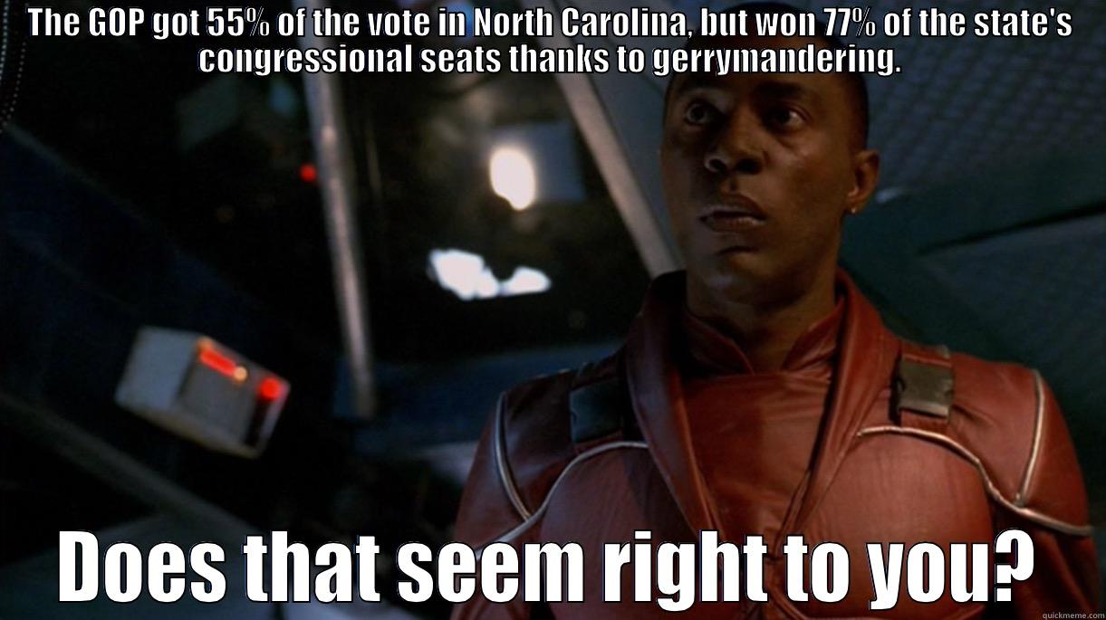 NC Gerrymandering - THE GOP GOT 55% OF THE VOTE IN NORTH CAROLINA, BUT WON 77% OF THE STATE'S CONGRESSIONAL SEATS THANKS TO GERRYMANDERING. DOES THAT SEEM RIGHT TO YOU? Misc