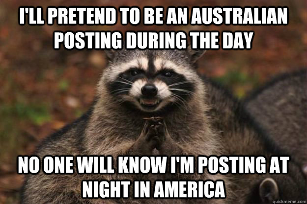 i'll pretend to be an australian posting during the day no one will know i'm posting at night in america  Evil Plotting Raccoon