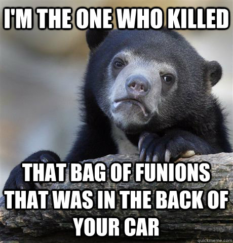 I'm the one who killed that bag of funions that was in the back of your car  Confession Bear