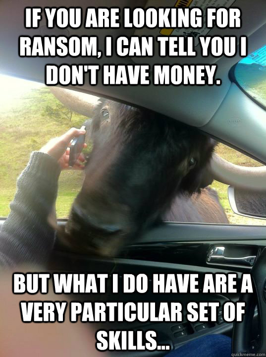 If you are looking for ransom, I can tell you I don't have money. But what I do have are a very particular set of skills... - If you are looking for ransom, I can tell you I don't have money. But what I do have are a very particular set of skills...  yak on a phone