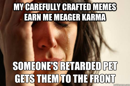 my carefully crafted memes earn me meager karma someone's retarded pet gets them to the front - my carefully crafted memes earn me meager karma someone's retarded pet gets them to the front  First World Problems