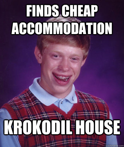 Finds cheap accommodation  Krokodil House  Bad Luck Brian