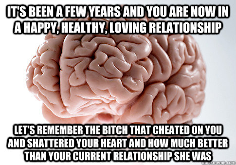 It's been a few years and you are now in a happy, healthy, loving relationship let's remember the bitch that cheated on you and shattered your heart and how much better than your current relationship she was  Scumbag Brain