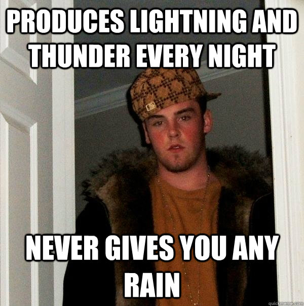 Produces lightning and thunder every night Never gives you any rain - Produces lightning and thunder every night Never gives you any rain  Scumbag Steve