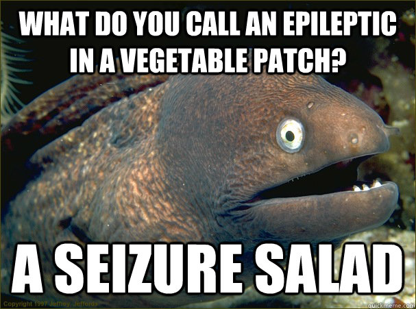 What do you call an epileptic in a vegetable patch? a seizure salad  Bad Joke Eel