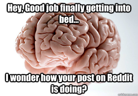 Hey, Good job finally getting into bed... I wonder how your post on Reddit is doing?  Scumbag Brain