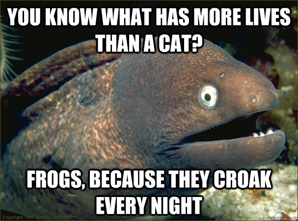 you know what has more lives than a cat? frogs, because they croak every night  Bad Joke Eel