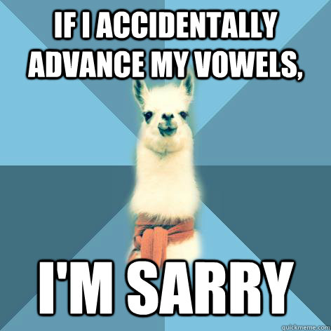 If I accidentally advance my vowels, I'm sarry  Linguist Llama