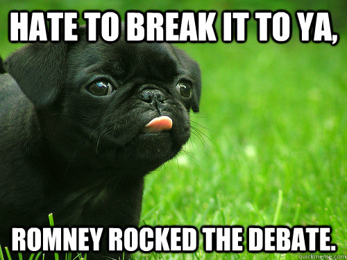 Hate to break it to ya, Romney rocked the debate.  Derpy pug