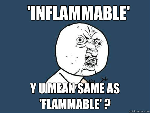 'Inflammable'  Y u mean same as 'flammable' ?  Y U No