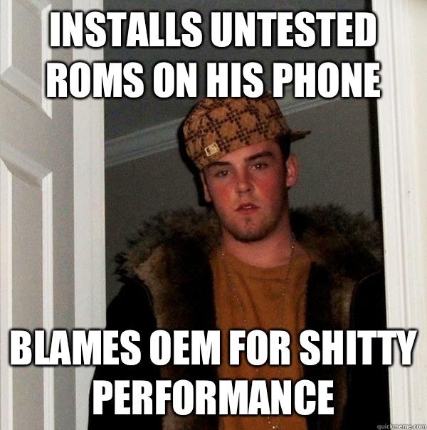 Installs untested ROMs on his phone Blames OEM for shitty performance  Scumbag Steve