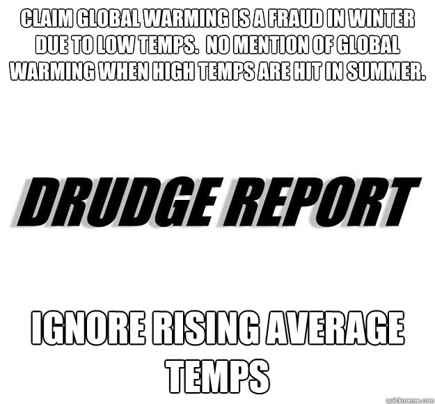 Claim global warming is a fraud in winter due to low temps.  No mention of global warming when high temps are hit in summer. Ignore rising average temps  Scumbag Drudge Report