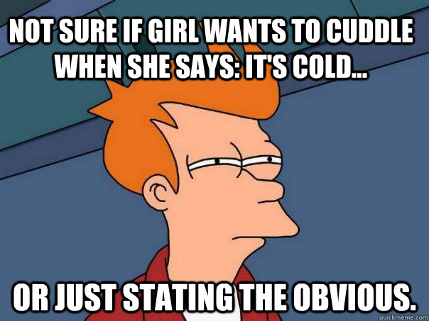 Not sure if girl wants to cuddle when she says: It's cold... Or just stating the obvious.  Futurama Fry