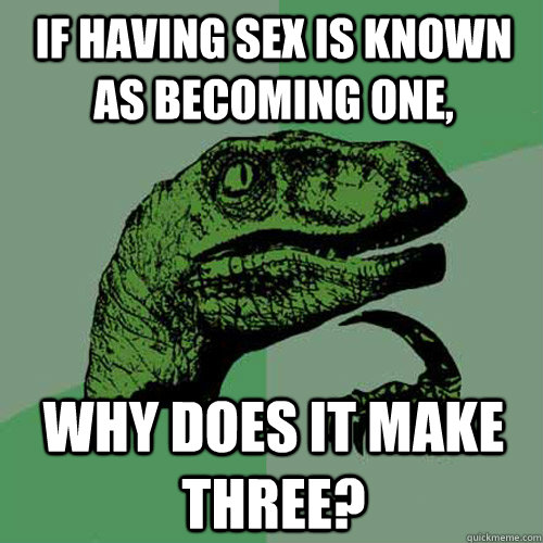 If having sex is known as becoming one, Why does it make three?  Philosoraptor