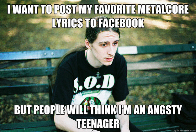 I want to post my favorite metalcore lyrics to facebook But people will think i'm an angsty teenager  First World Metal Problems