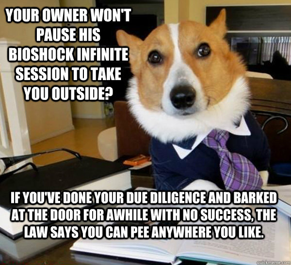 Your owner won't pause his bioshock infinite session to take you outside? If you've done your due diligence and barked at the door for awhile with no success, the law says you can pee anywhere you like.  Lawyer Dog